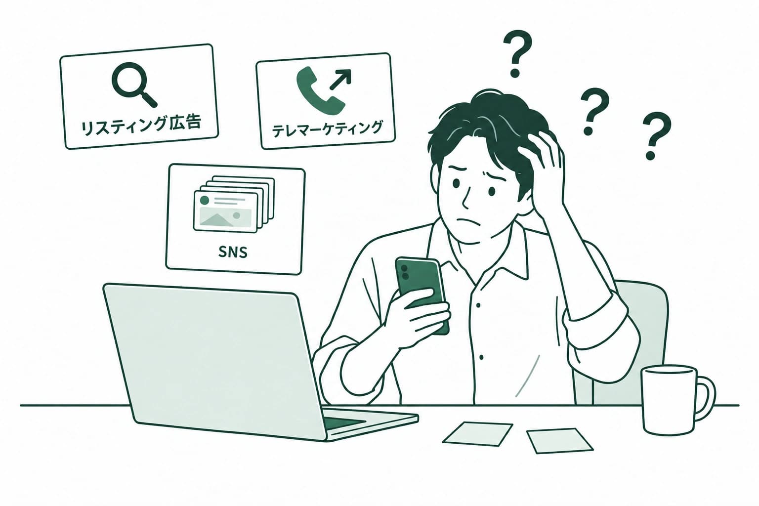 リスティング広告、テレマーケティング、SNSの施策を検討する男性