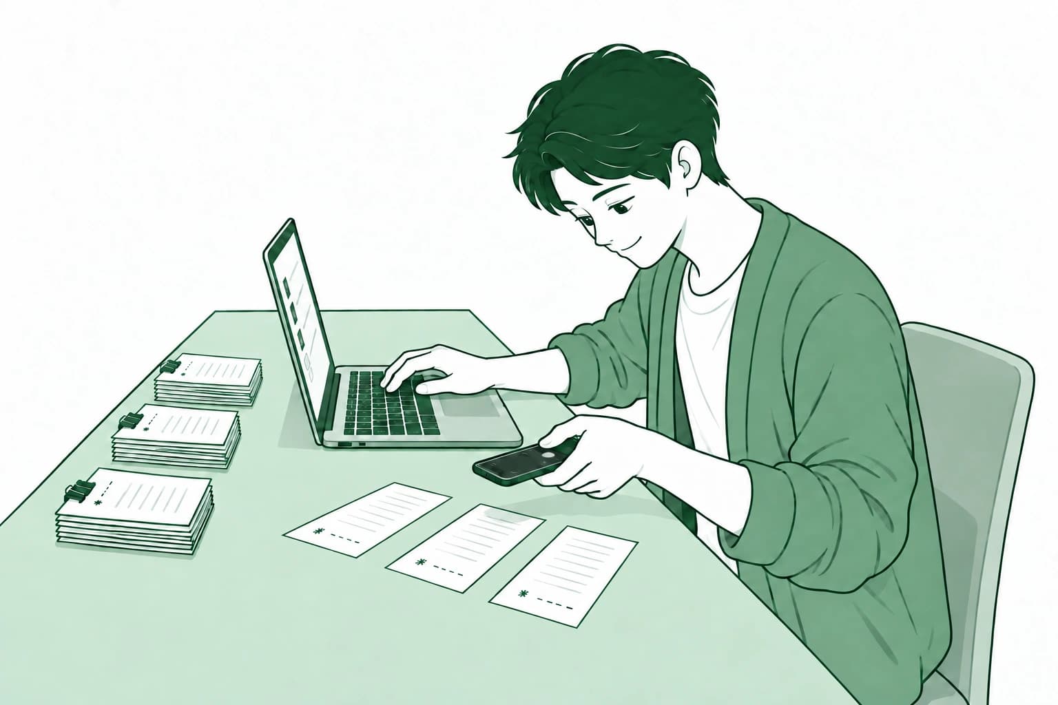 スマートフォンで領収書を撮影しながら、パソコンで確認する男性